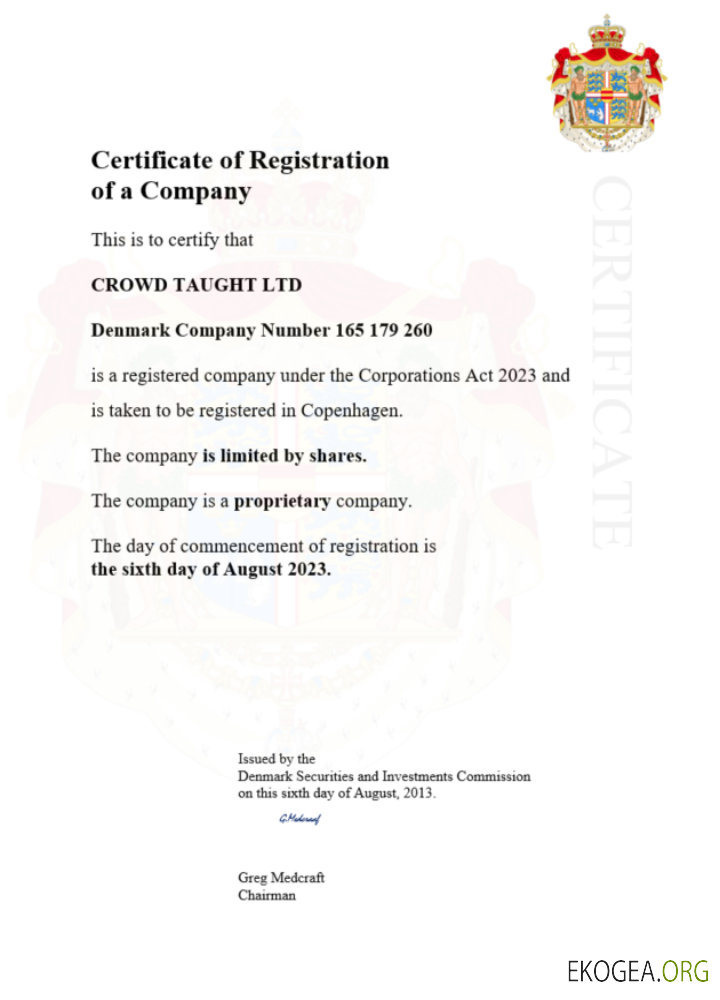 Modèle Word et PDF de certificat d'enregistrement du Danemark